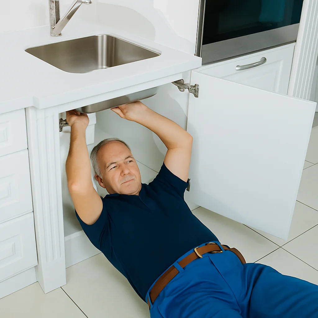 Klempner arbeitet unter der Küchenspüle