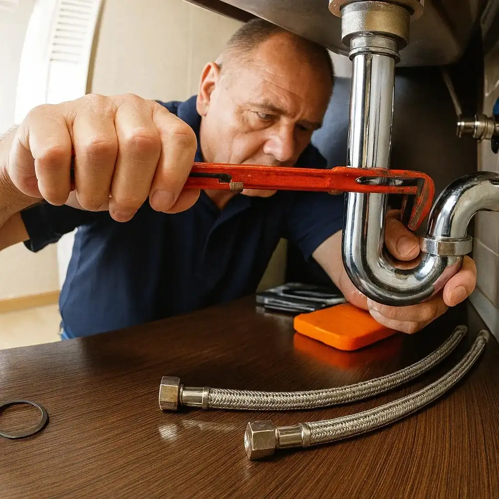 Klempner beim Festziehen einer Rohrverbindung