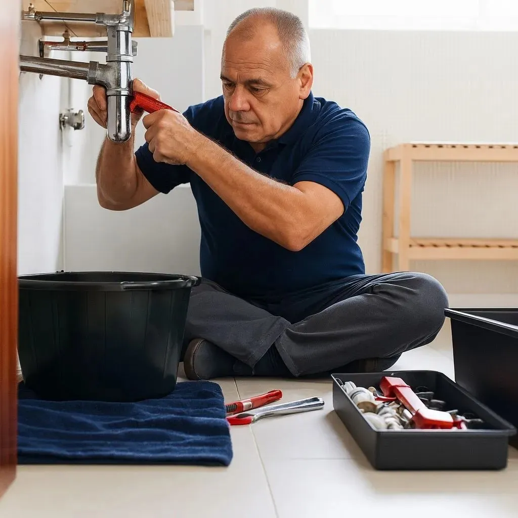 Installateur repariert Abflussrohr unter Spüle